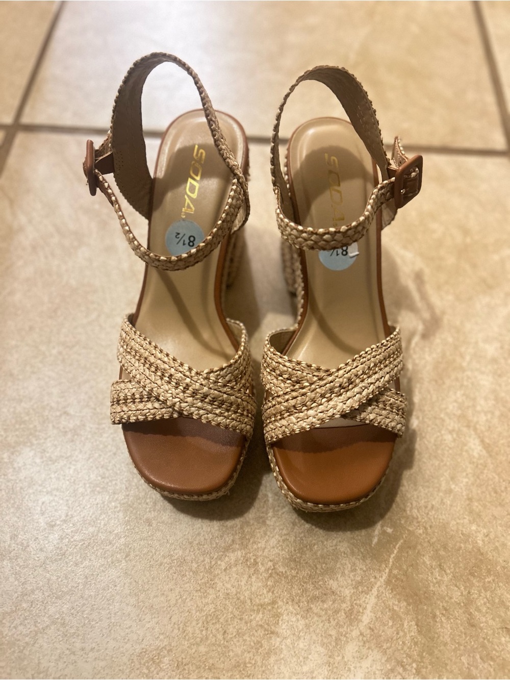 Soda Braided Platform Block Heel Sandals Woven Natural Espadrille Style Sz 8.5